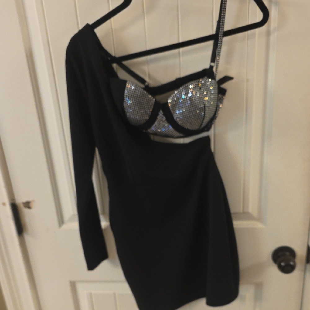 Windsor Black One-Shoulder Dress with Silver Details